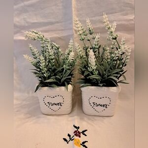 White Ceramic Planter with Faux White Lavender - Home Accents